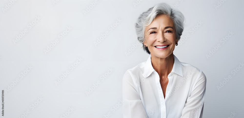 Beautiful mature elderly woman portrait isolated on light grey background Beautiful mature elderly woman portrait isolated on light grey background