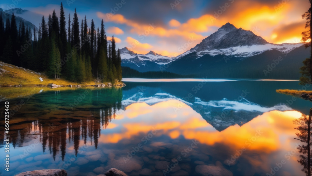 Serene sunset reflection on a secluded mountain lake with breathtaking scenic beauty