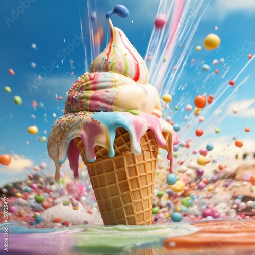 Ice cream cone submerged in rainbow sherbet with splashes and waves photo
