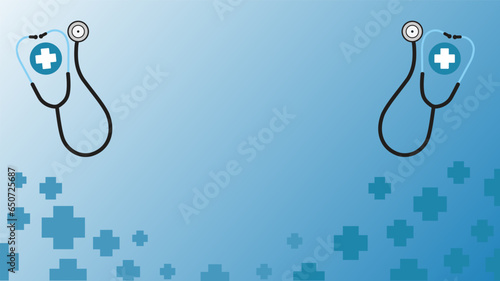 Medical health care concept vector banner template with blue gradient background, stethoscope icon, medical cross icon pattern with space for text.