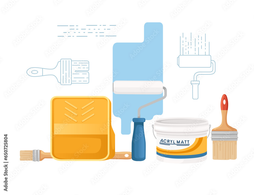 Home renovation with paint roller and acryl matt vector illustration isolated on white background Home renovation with paint roller and acryl matt vector illustration isolated on white background