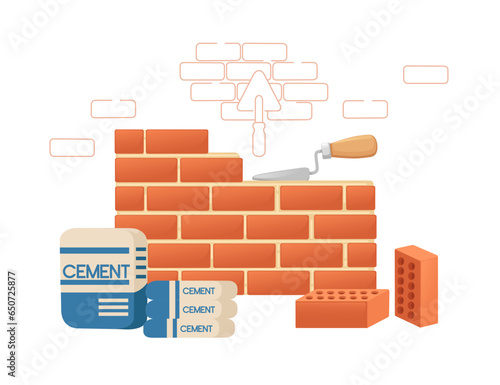 Brickworks with high quality red bricks and cement bags vector illustration on white background