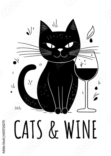 Cat drinking wine. Cats and wine concept. Black and white minimalist vector illustration for cat moms and wine lovers. Printable design.