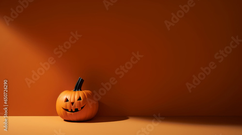 an orange wall with shadows and a carved Halloween pumpkin on the floor