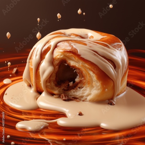 Cinnamon roll dipped in icing with splashes and waves
