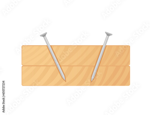 Steel nails in double wooden plank cutaway vector illustration isolated on white background