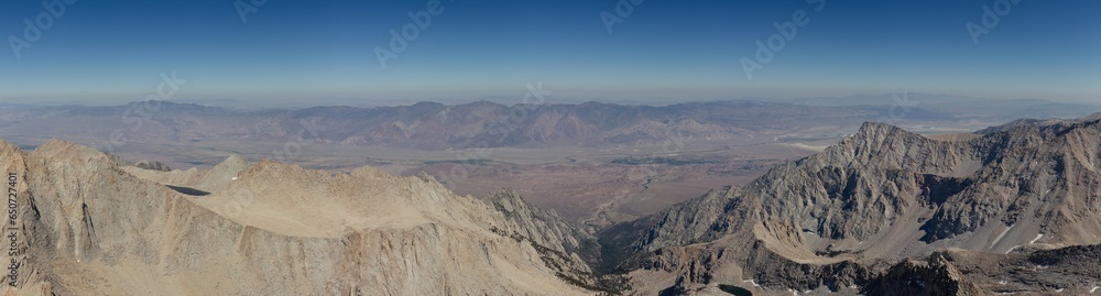 Panorama view of rock mountains and valley in Sierra Nevada in America at sunny day