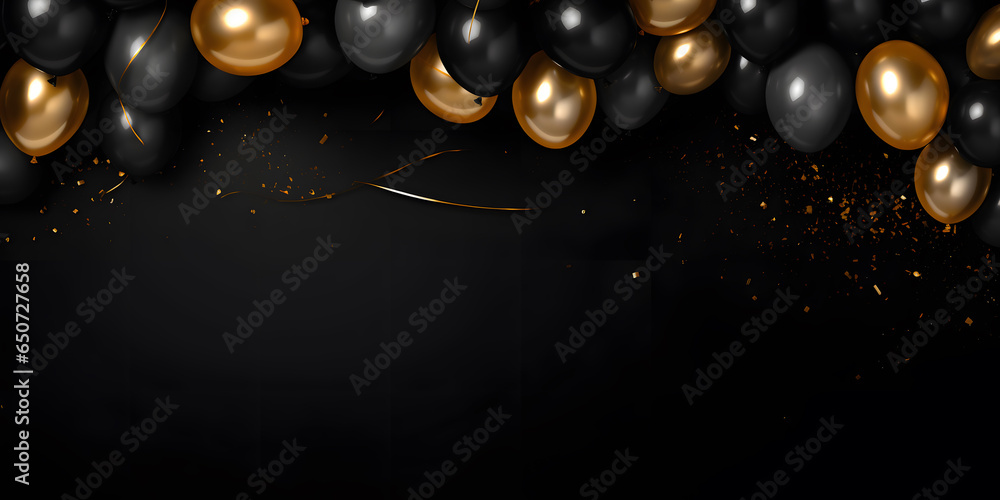 Naklejka premium Gold and black balloons on black background
