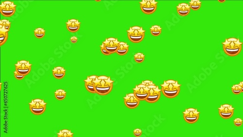 Starry eyed emoji. Excited emoticon face with yellow star shaped eyes and happy wide opened mouth. Animated falling emojis. Social media icons symbol animation with green screen background.