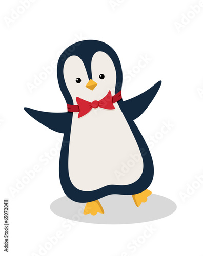 Cute cartoon penguin in a bow tie dancing. Vector illustration of a funny animal. Holiday concept.