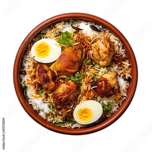 top view of indian food Hyderabadi Biryani isolated on a transparent white background 