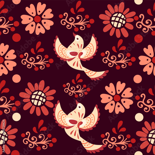 Seamless pattern with stylized small cartoon bird red pattern cute animal design vector illustration on white background