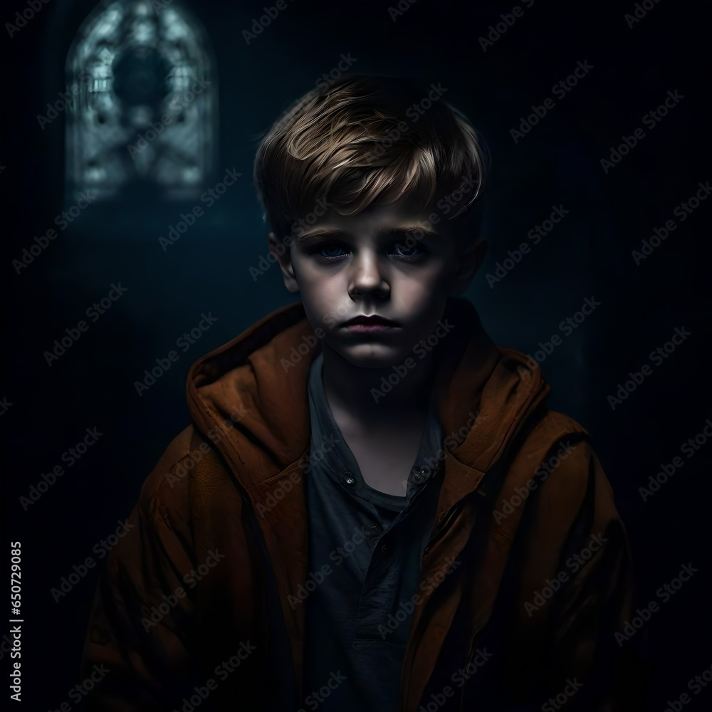 Portrait of a sad teenager child dark theme