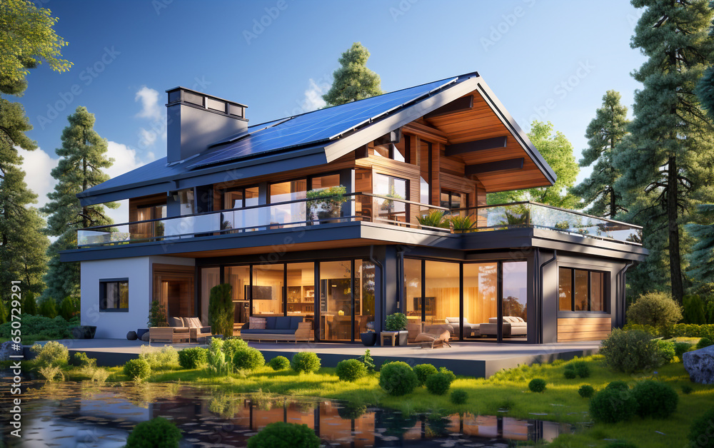 A house in green building, with a photovoltaic system on the roof, the concept of clean energy A house in green building, with a photovoltaic system on the roof, the concept of clean energy