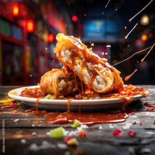 Crispy spring roll immersed in sweet and sour sauce with splashes and waves