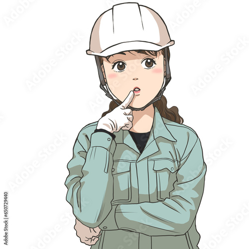 The facial expression of a female maintenance staff thinking something, wearing a safety helmet and gloves