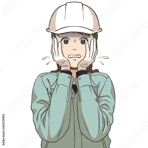 The facial expression of a female maintenance staff in trouble, wearing a safety helmet and gloves