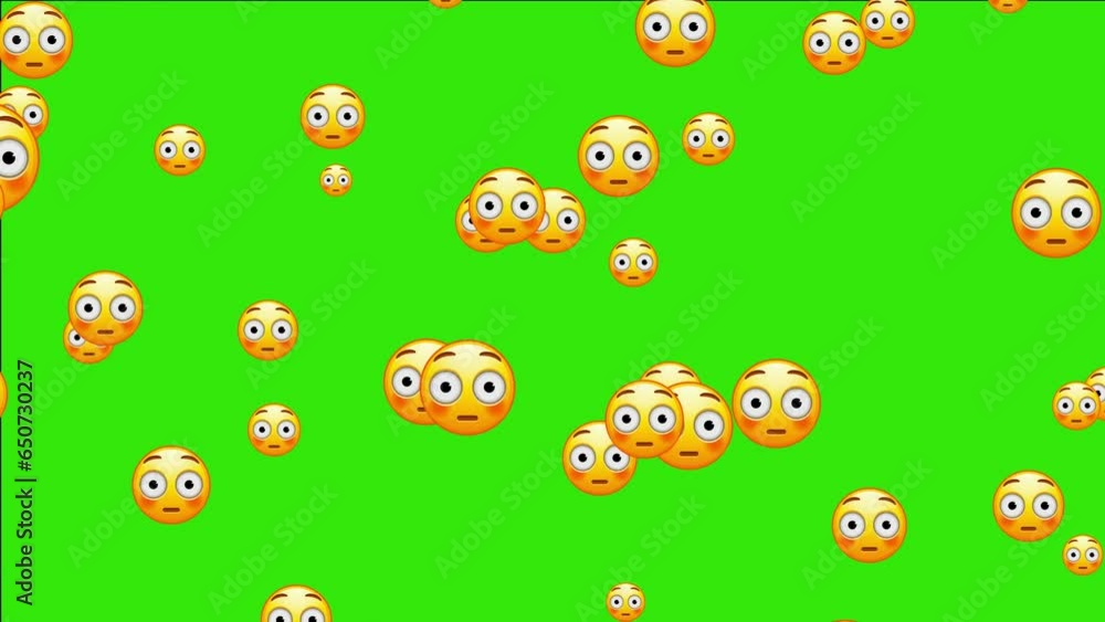Flushed emoji looks away. Embarrassed emoticon. Animated falling emojis