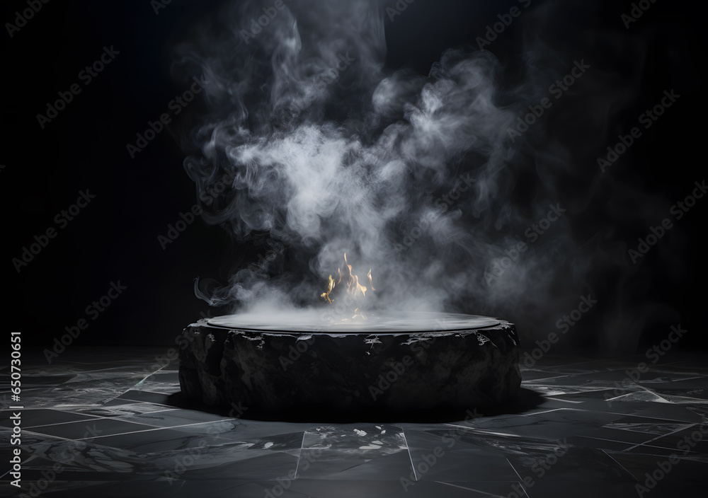 Empty black marble table podium with smoke. Blank space for product mock up. Generative AI