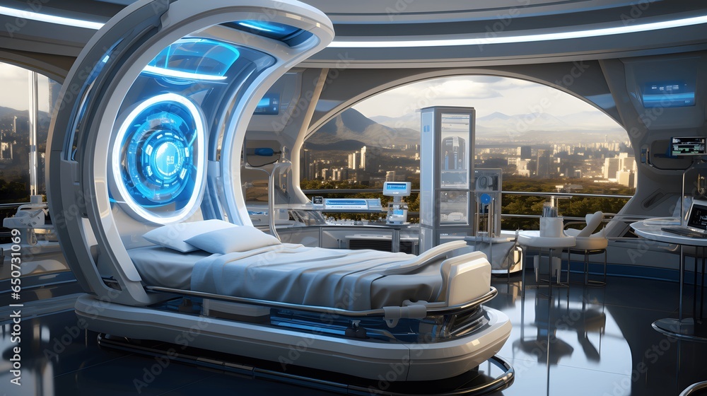 A futuristic image of a medical room with a large window overlooking a city. A futuristic image of a medical room with a large window overlooking a city.