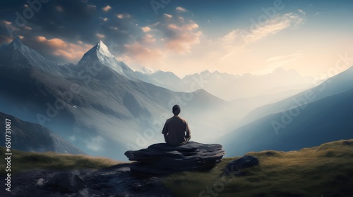 A man meditates looking at the mountains.