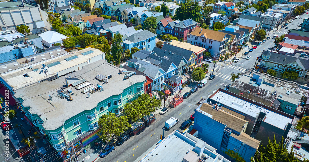 Aerial colorful shops and houses in Castro District on bright day
