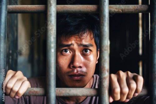 An Asian prisoner in a cell behind bars. Young man in prison. Despair, sadness and loneliness of the person who committed the crime.