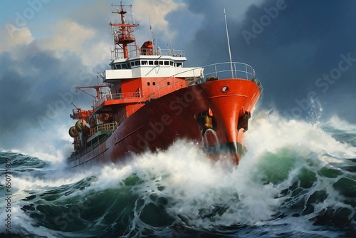 A cargo or fishing ship is caught in a severe storm. Ship at sea on big waves. The threat of shipwreck. Element in the ocean. The hard work of a sailor.