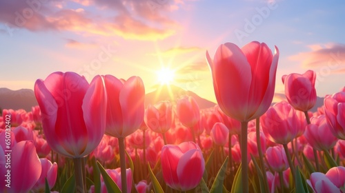 A vibrant field of pink tulips illuminated by the golden rays of the sun