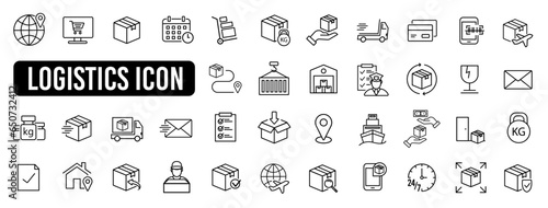 Logistics icon set. Shipping, transportation, delivery, cargo, freight, route planning, export and import icon. Vector illustration