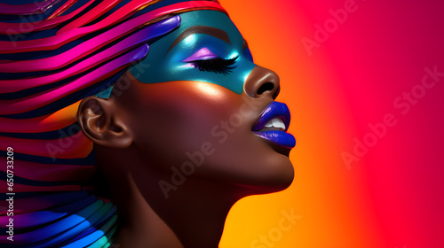 African woman with rainbow colors make up, in style of afrofuturism
