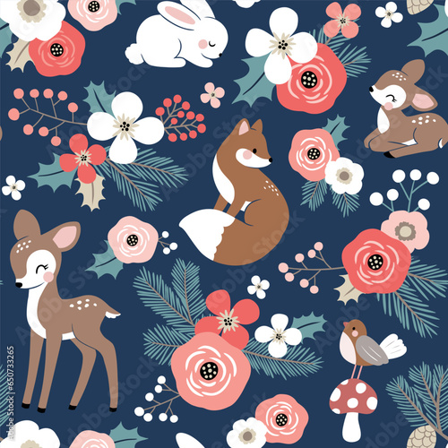 Seamless vector pattern with cute hand drawn woodland animals and winter flowers and berries. Perfect for textile, wallpaper or print design.