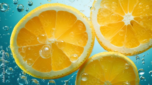 Lemon slices in water with bubbles on a blue background