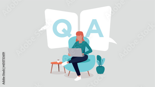 Vector illustration of someone sitting with her laptop on a sofa – concept questions and answers