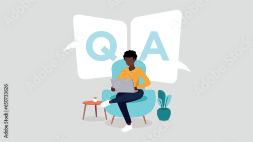 Vector illustration of someone sitting with her laptop on a sofa – concept questions and answers