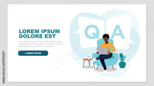 Vector illustration of someone sitting with her laptop on a sofa – concept questions and answers