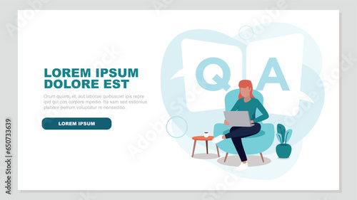Vector illustration of someone sitting with her laptop on a sofa – concept questions and answers