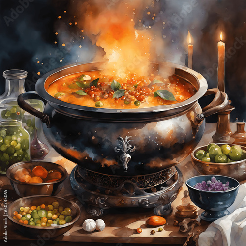 A cauldron bubbling over with all sorts of magical and creepy ingredients.