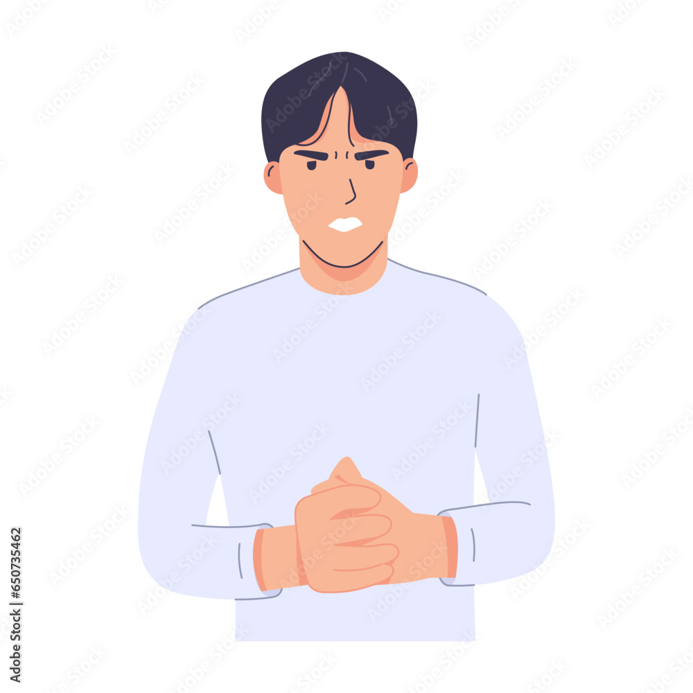 Man showing his anger emotions. A man is upset about something. Evil male character showing a negative gesture, standing and holding his hand. modern trendy style. Hand drawn vector illustration. Man showing his anger emotions. A man is upset about something. Evil male character showing a negative gesture, standing and holding his hand. modern trendy style. Hand drawn vector illustration.