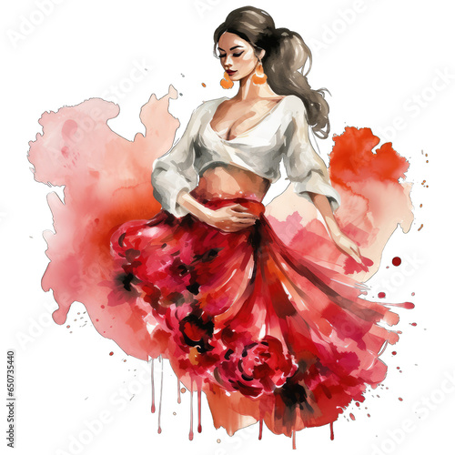 Beautiful Spanish Flamenco dancer, wearing a traditional red dress. Watercolor illustration photo