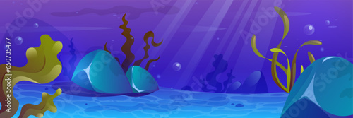 Vector cartoon illustration of ocean bottom. Underwater landscape of sea floor with corals and seaweed.
