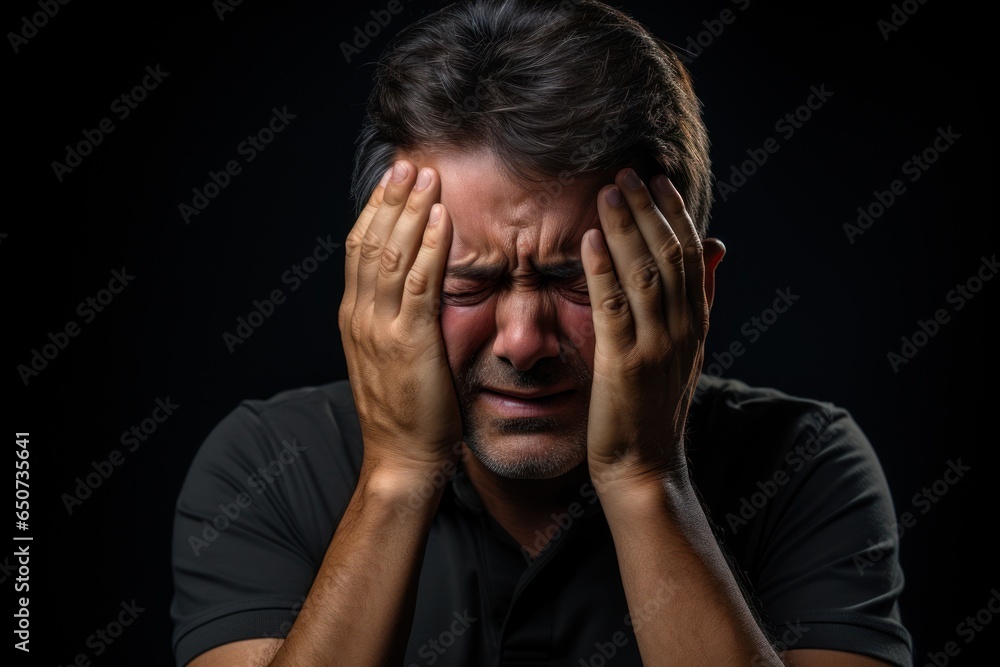 A person holding their head in pain, showcasing the discomfort and pain associated with headaches and migraines. Generative Ai A person holding their head in pain, showcasing the discomfort and pain associated with headaches and migraines. Generative Ai