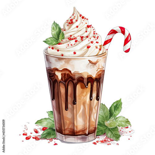 Peppermint Mocha coffee drink, fancy milkshake for Christmas. Watercolor illustration