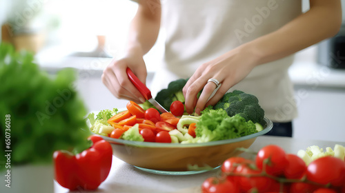 Close-up of women's hands preparing a healthy salad of fresh vegetables. Creative concept of healthy food delivery of daily ration.