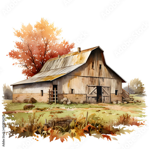 Autumn Fall Rustic Barn Watercolor Clipart, Vintage Barn Illustration, Farm Theme photo