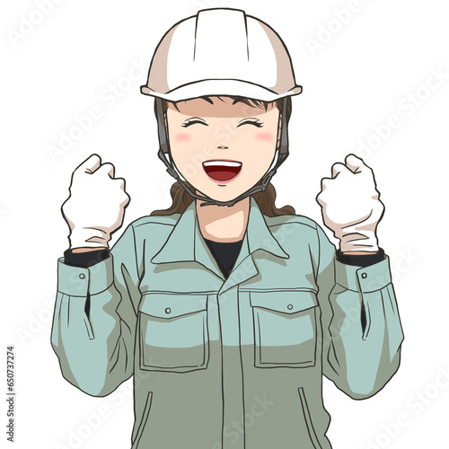 The facial expression of a female maintenance staff energized and motivated, wearing a safety helmet and gloves