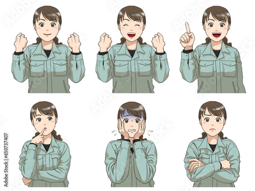 A set of various facial expressions of a female maintenance staff
