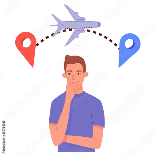 Man thinking about immigration. Guy in blue t shirt standing and thinking about travels. Concept of human wondering, planning or pondering and holding hands by chin.  Vector  illustration
