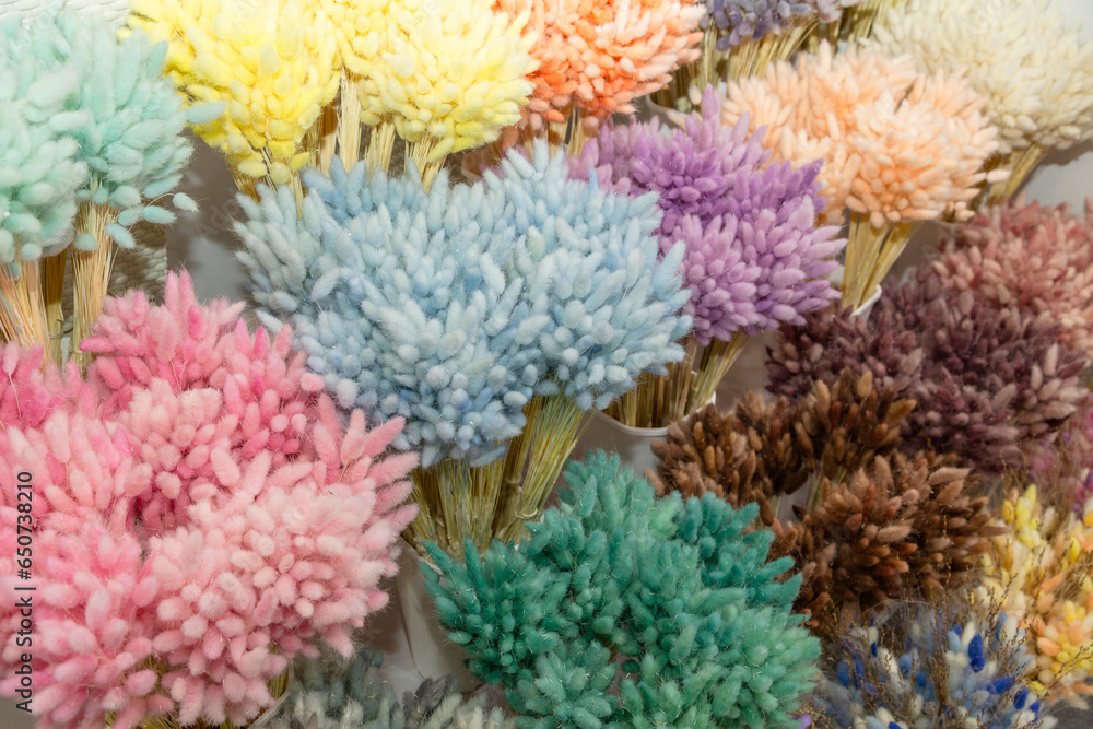 Colorful dyed flower selling in the market, dried flower for home decoration