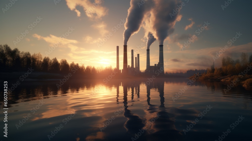 A sunset behind an industrial factory with smoke stacks